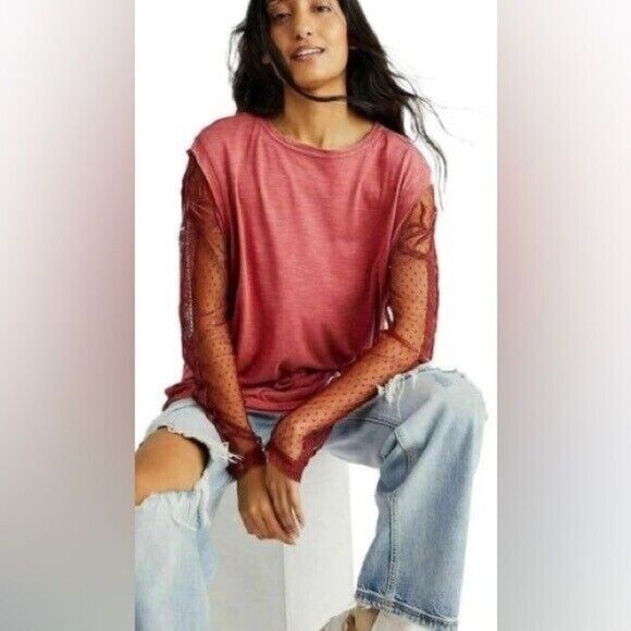 NEW Free People Billie jean twofer tee layered lace floral red size XS - Picture 1 of 10